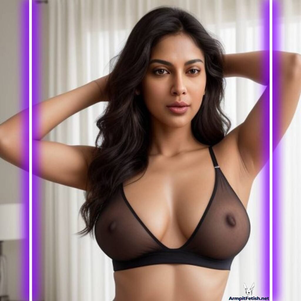 Woman sniffing armpit with pleasure and curiosity