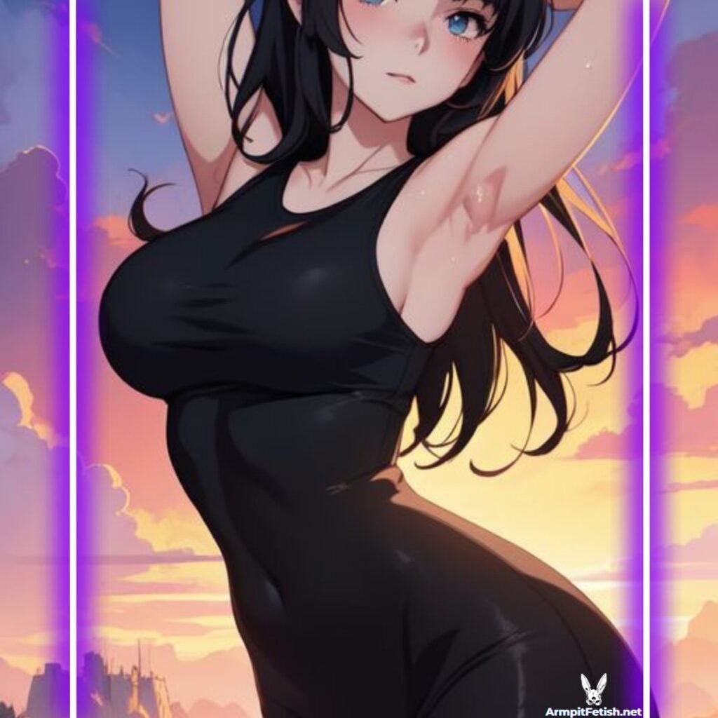 Close-up artistic depiction of a woman's glistening armpit during a sensual pose.