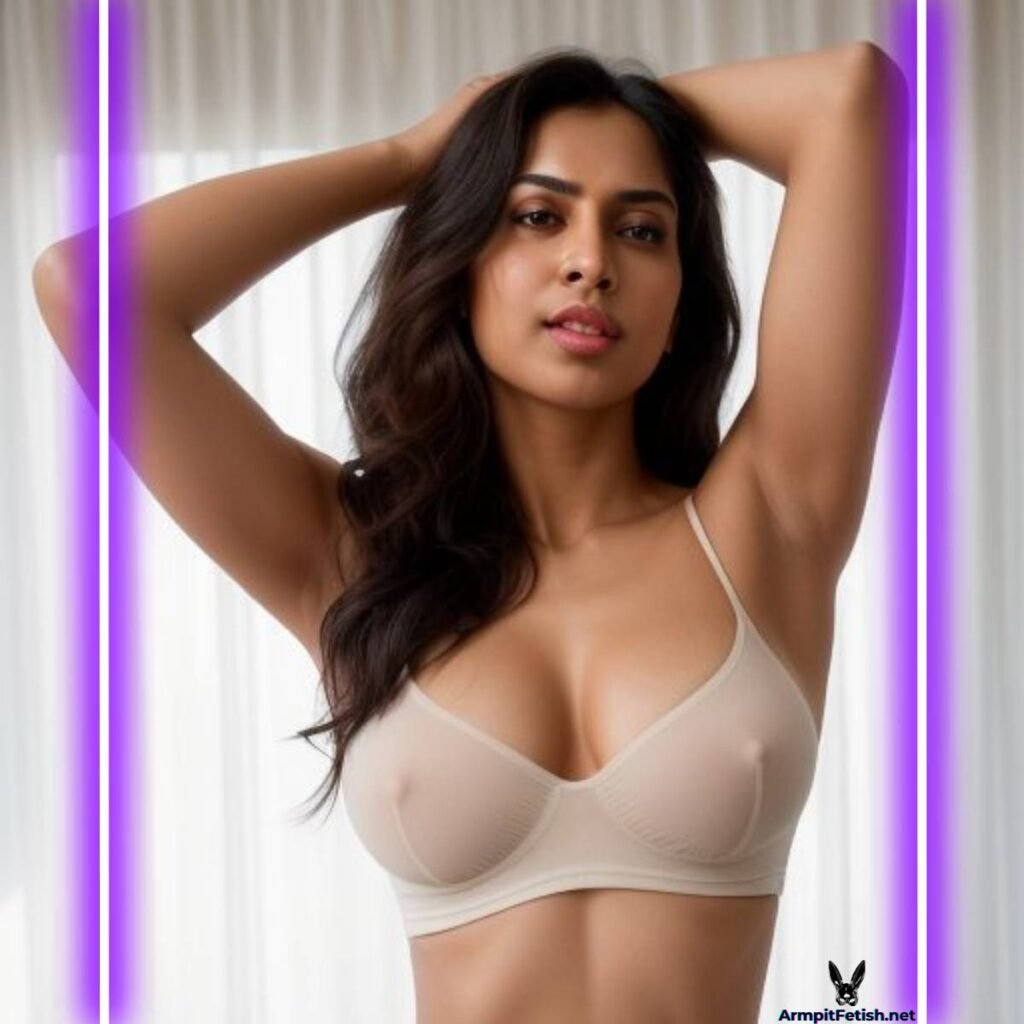 Woman sniffing armpit with pleasure and curiosity