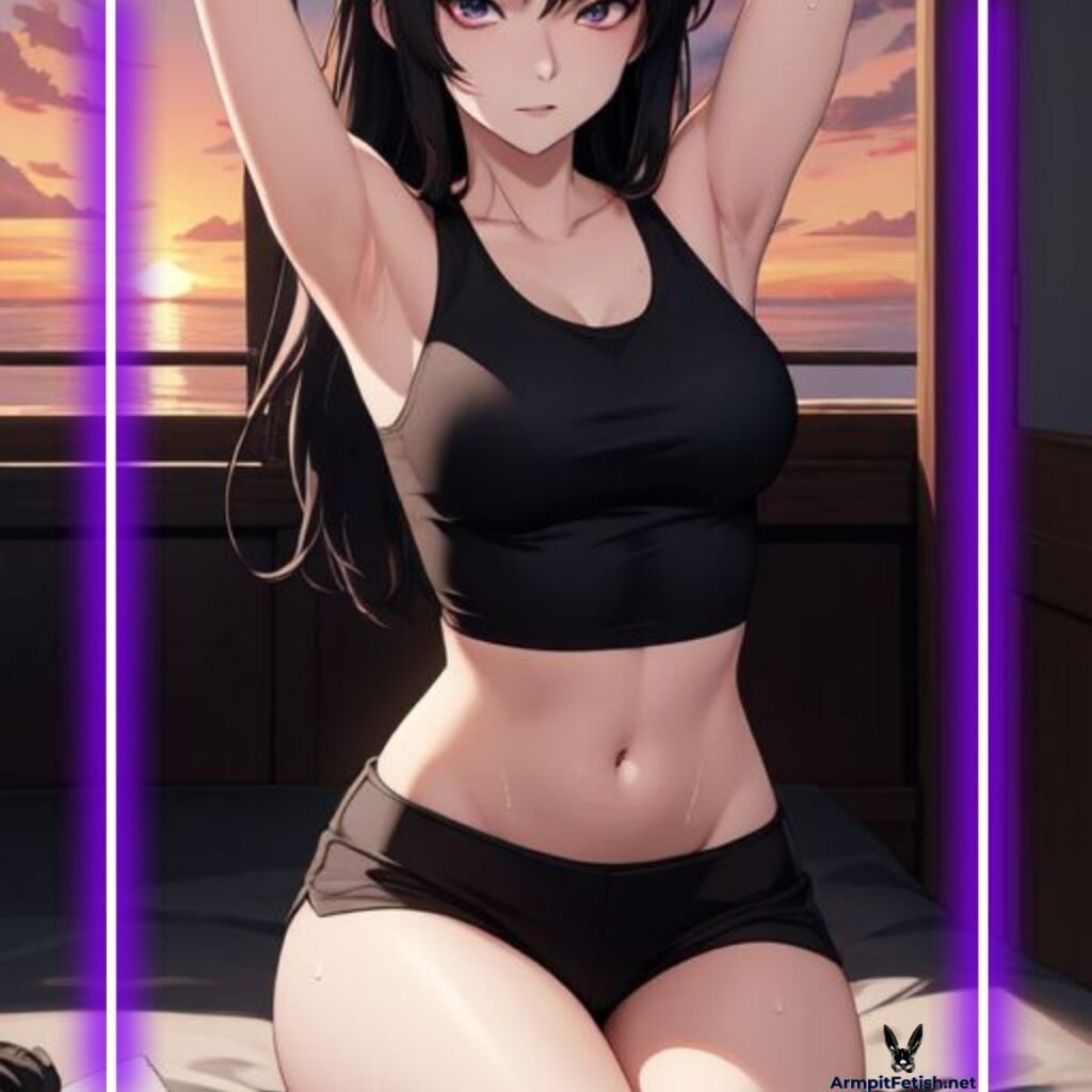 Woman in adult-themed photoshoot with visible underarm sweat.