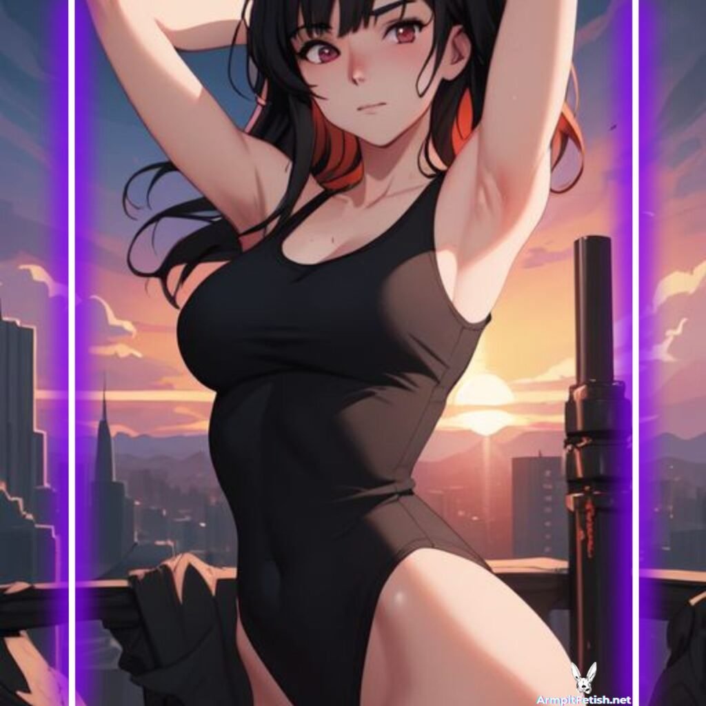 Glamorous female figure raising arms, inspired by celebrity fetish portrayals.