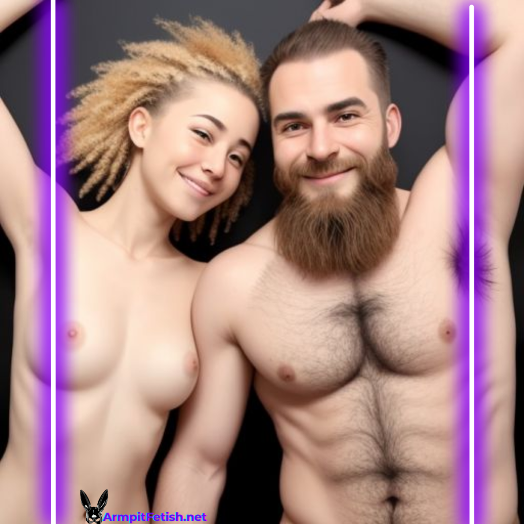 A topless woman with hairy armpits, arms raised, highlighting cultural differences in hair preferences.