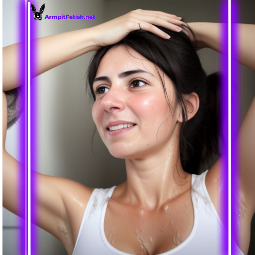 Young woman raising her arms in a black bra – armpit sweat fetish