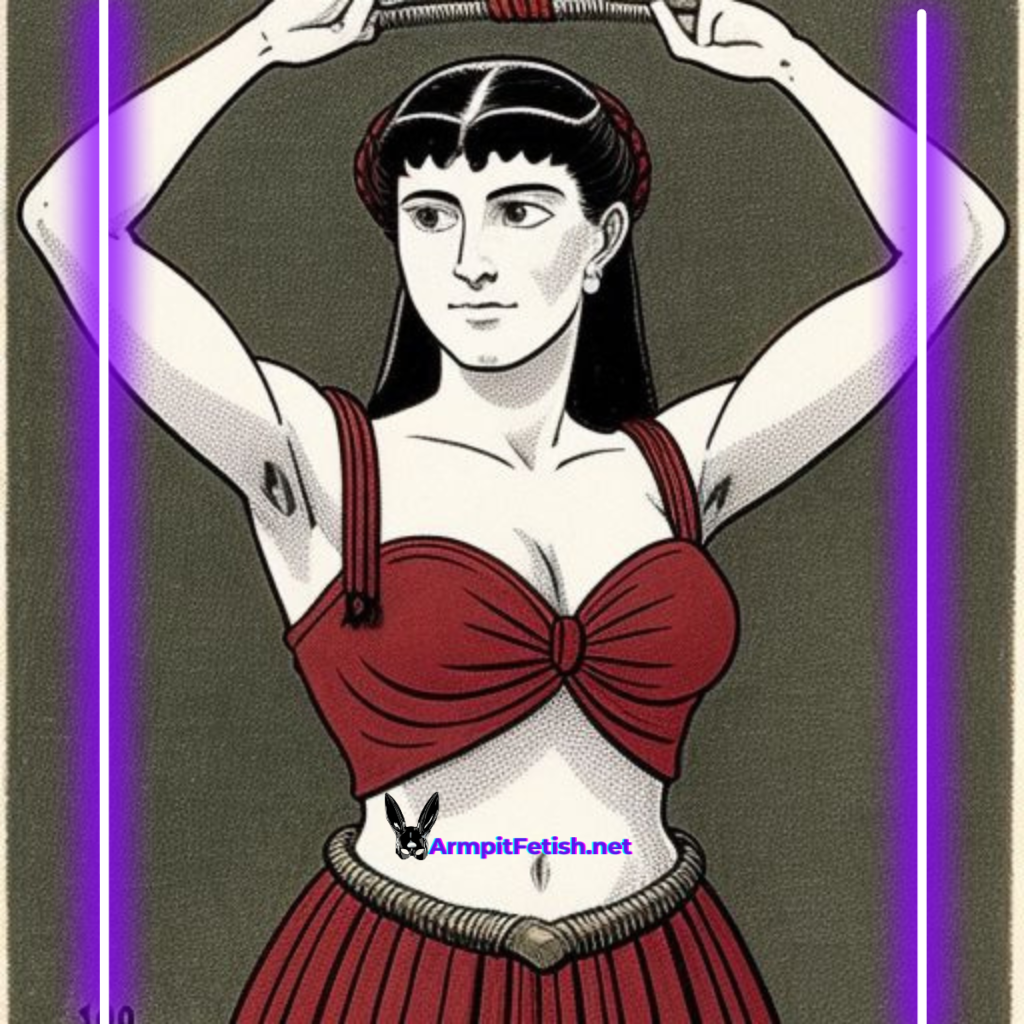 Vintage-style artwork of a woman raising her arms, reflecting historical views on armpit attraction.