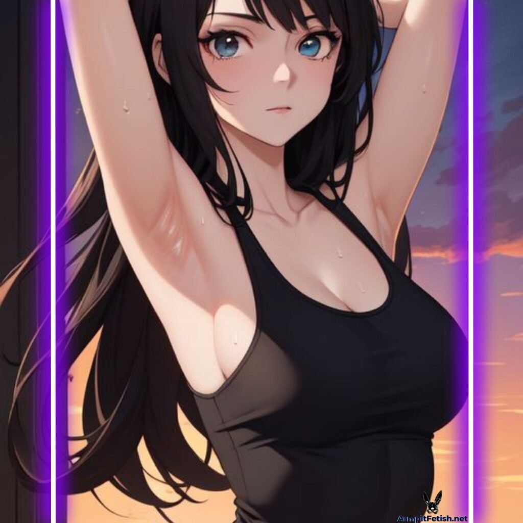 Artistic representation of a woman exuding musk and sweat, arms raised.