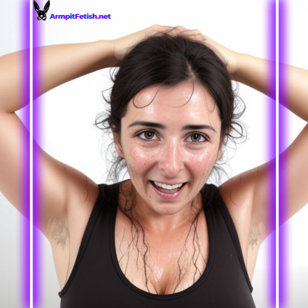 Sporty brunette lifting arms in white top – armpit sweat fetish