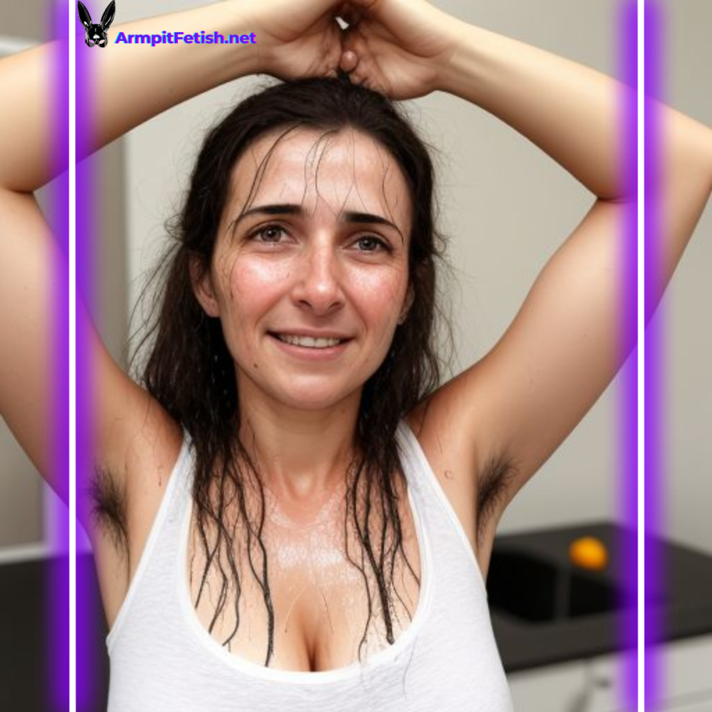 Close-up of woman in white tank with sweaty hairy armpits – armpit sweat fetish