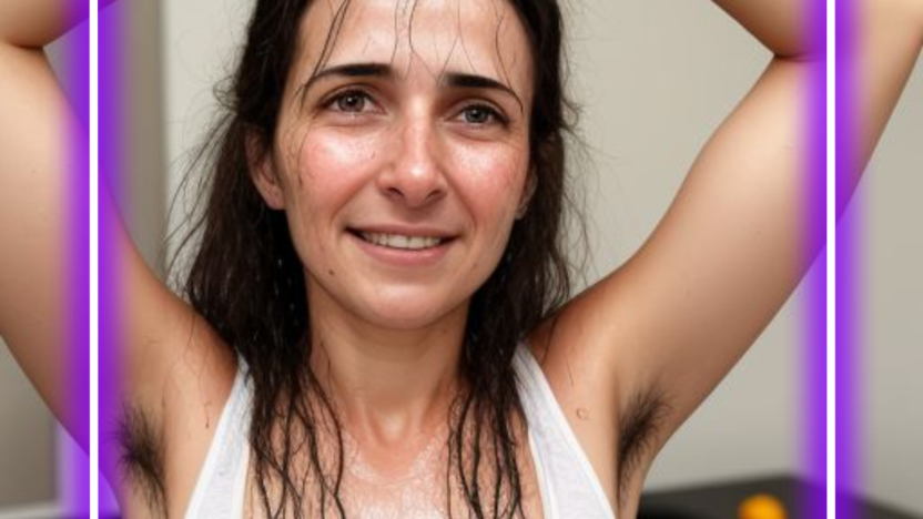 Close-up of woman in white tank with sweaty hairy armpits – armpit sweat fetish